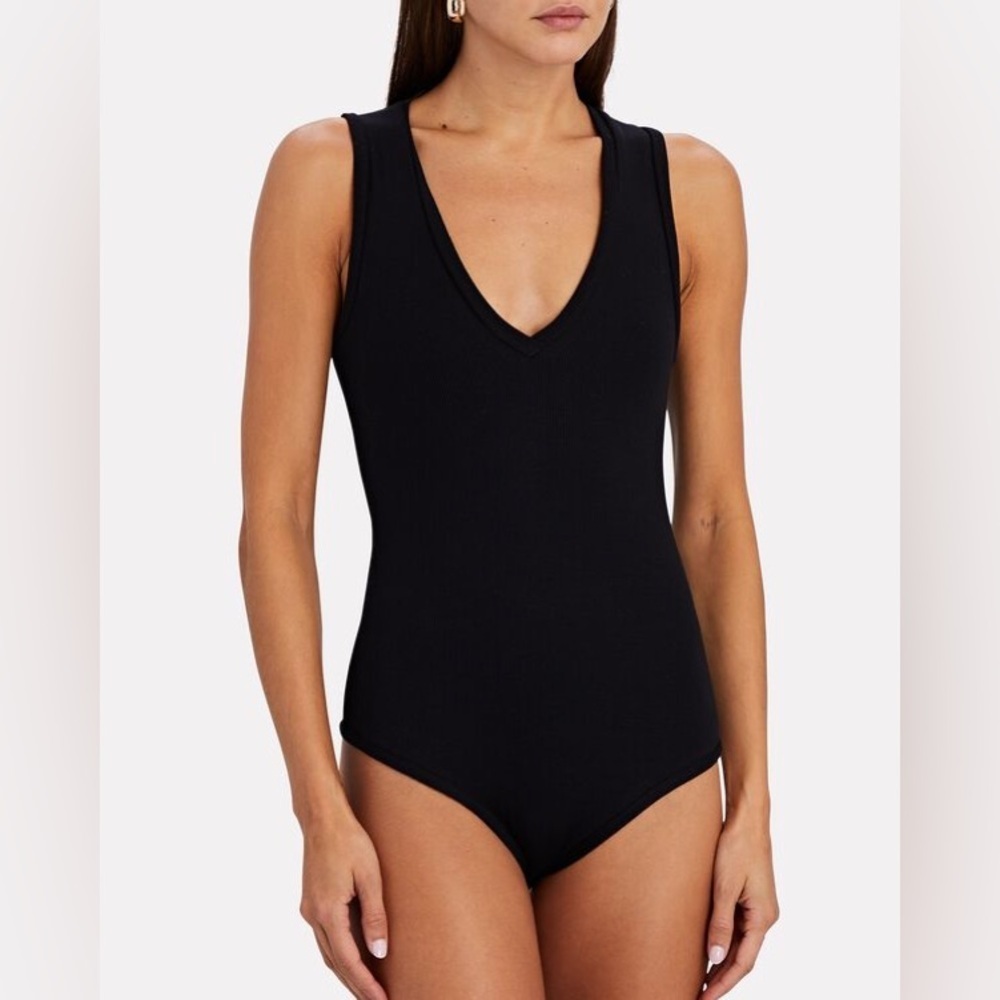 ALIX NYC Merit V-Neck Ribbed Knit Black Sleeveless Thong Bodysuit EUC Size S